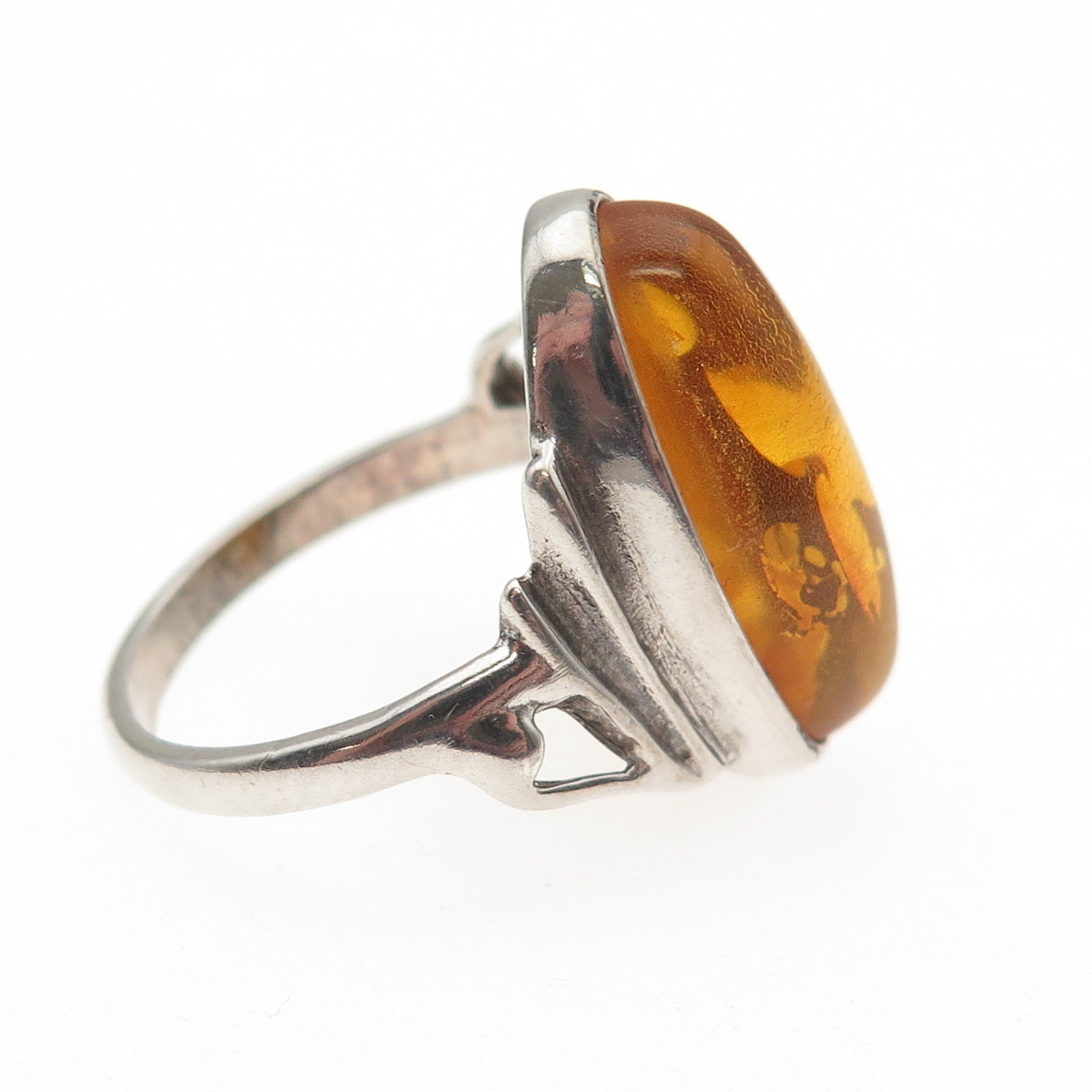 925 Sterling Silver Vintage Real Amber Modernist Ring Size 8.25