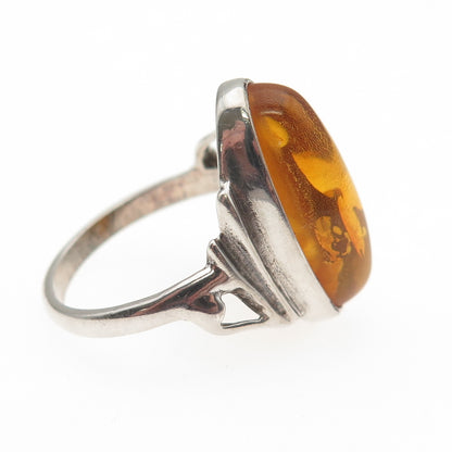 925 Sterling Silver Vintage Real Amber Modernist Ring Size 8.25