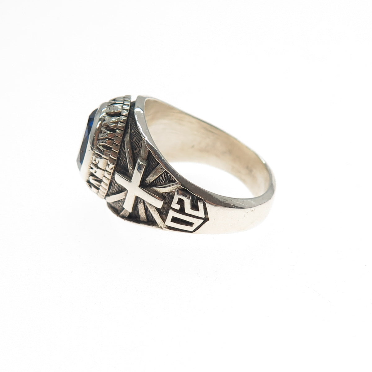 925 Sterling Vintage 2002 Lab-Created Sapphire F. Xavier School Ring Size 8.75