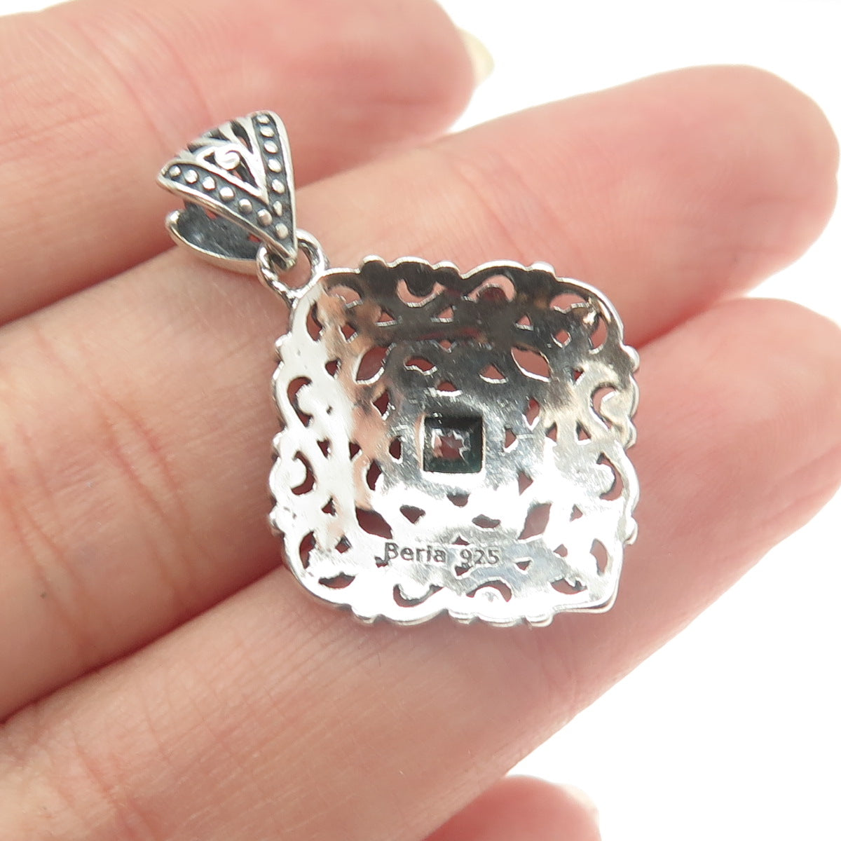 BERIA 925 Sterling Silver Princess-Cut Rhinestone Ornate Square Pendant