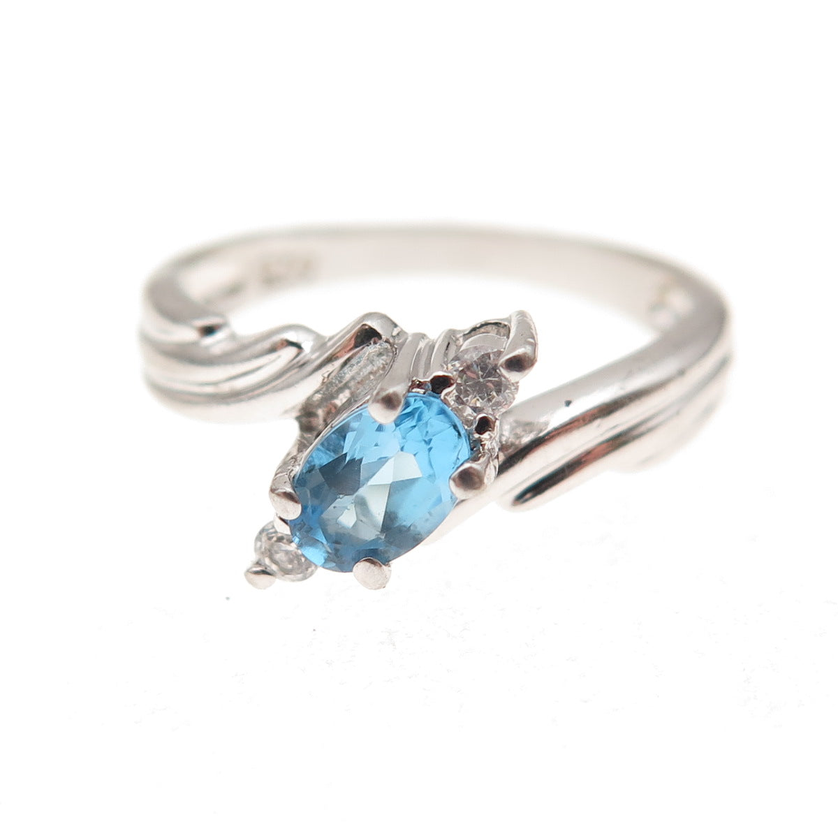 925 Sterling Silver Vintage Real Blue Topaz & C Z Bypass Ring Size 6.25