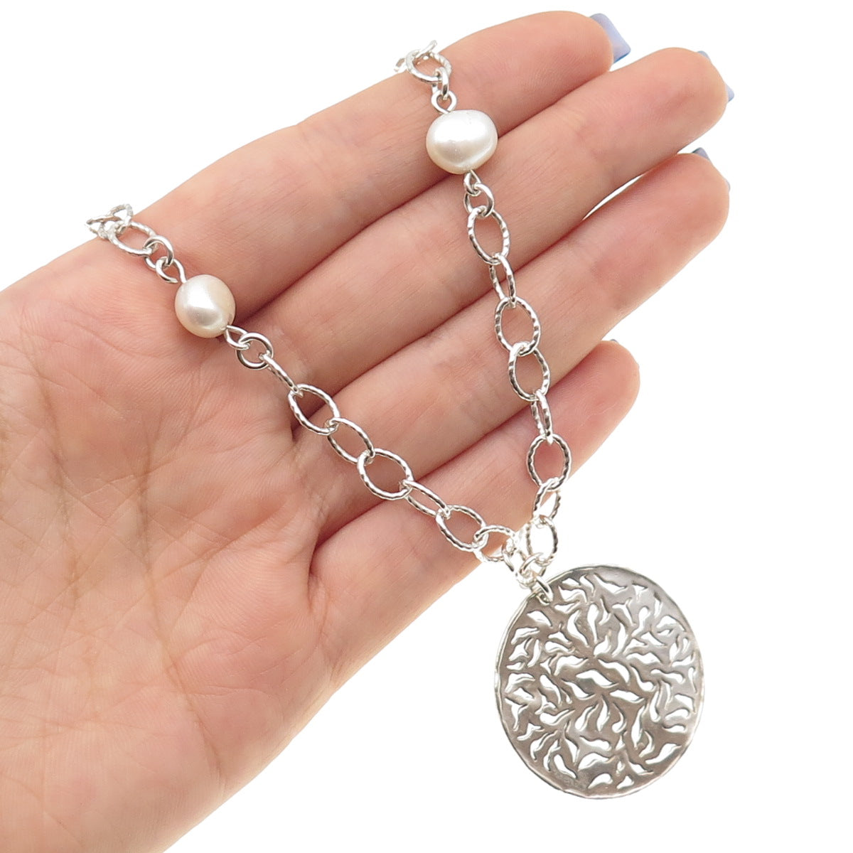 DIDAE 925 Sterling Silver Vintage Israel Real Pearl Floral Chain Necklace 16"