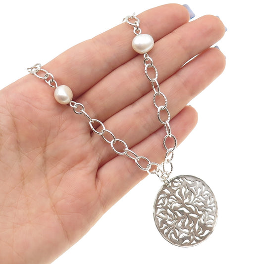 DIDAE 925 Sterling Silver Vintage Israel Real Pearl Floral Chain Necklace 16"