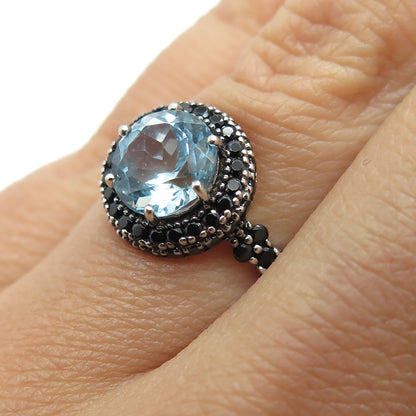 925 Sterling Silver Real Blue Topaz & Black Spinel Gemstone Ring Size 6