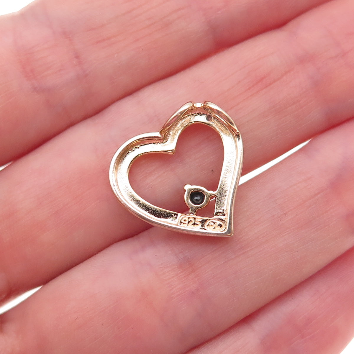 925 Sterling Silver 2-Tone Real Diamond & Sapphire Heart Slide Charm Pendant