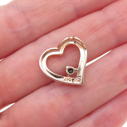 925 Sterling Silver 2-Tone Real Diamond & Sapphire Heart Slide Charm Pendant