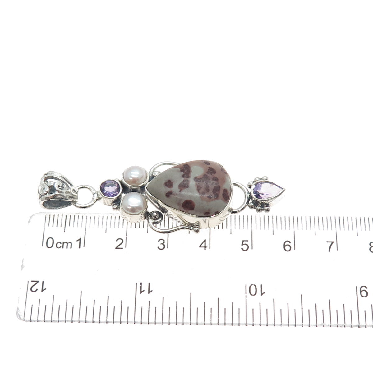 925 Sterling Silver Vintage Real Pearl Amethyst & Jasper Modernist Pendant