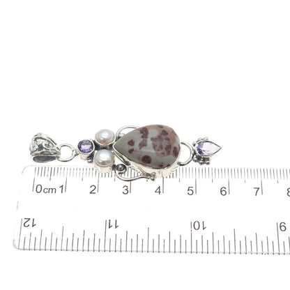 925 Sterling Silver Vintage Real Pearl Amethyst & Jasper Modernist Pendant