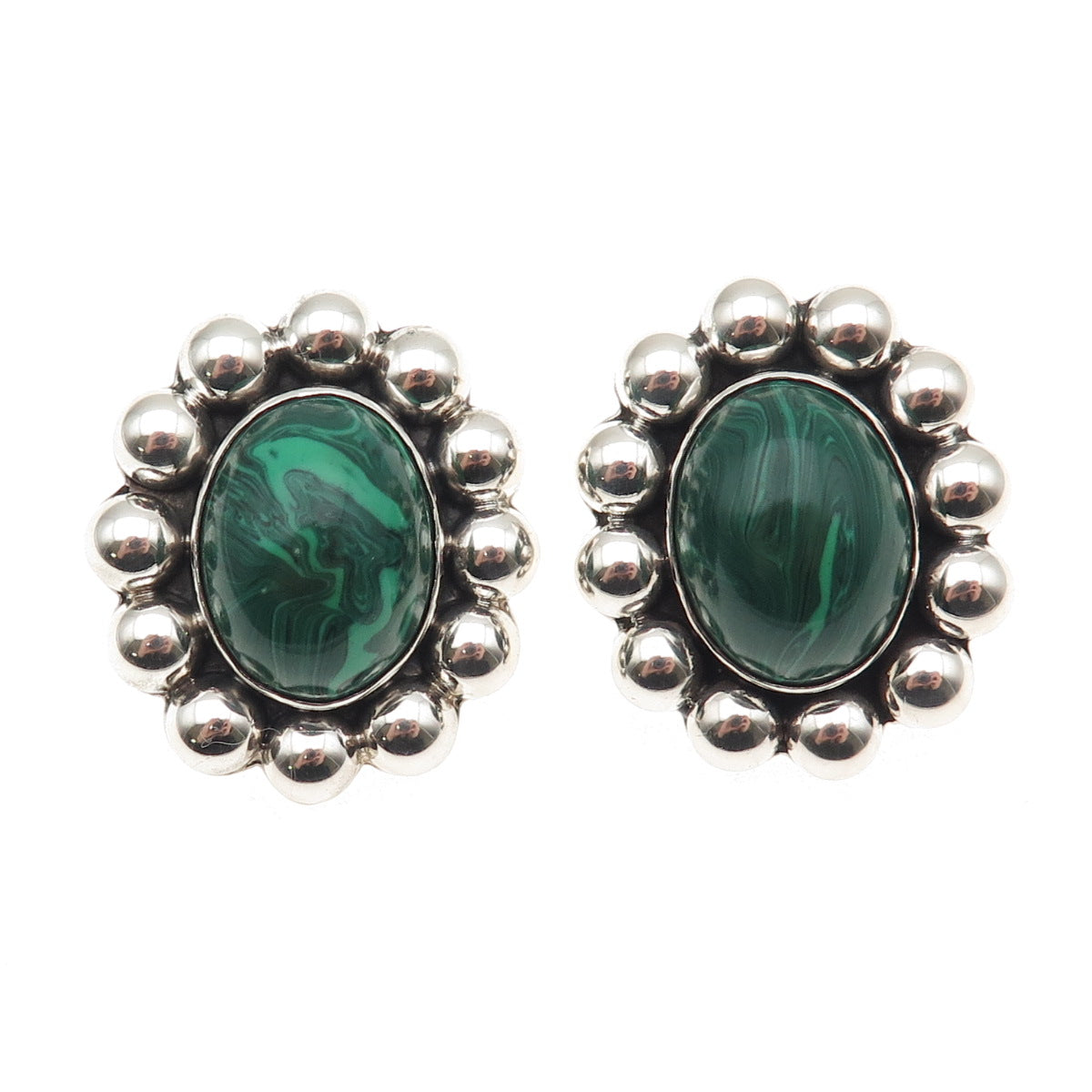 925 Sterling Silver Vintage Mexico Real Malachite Oxidized Beaded Earrings