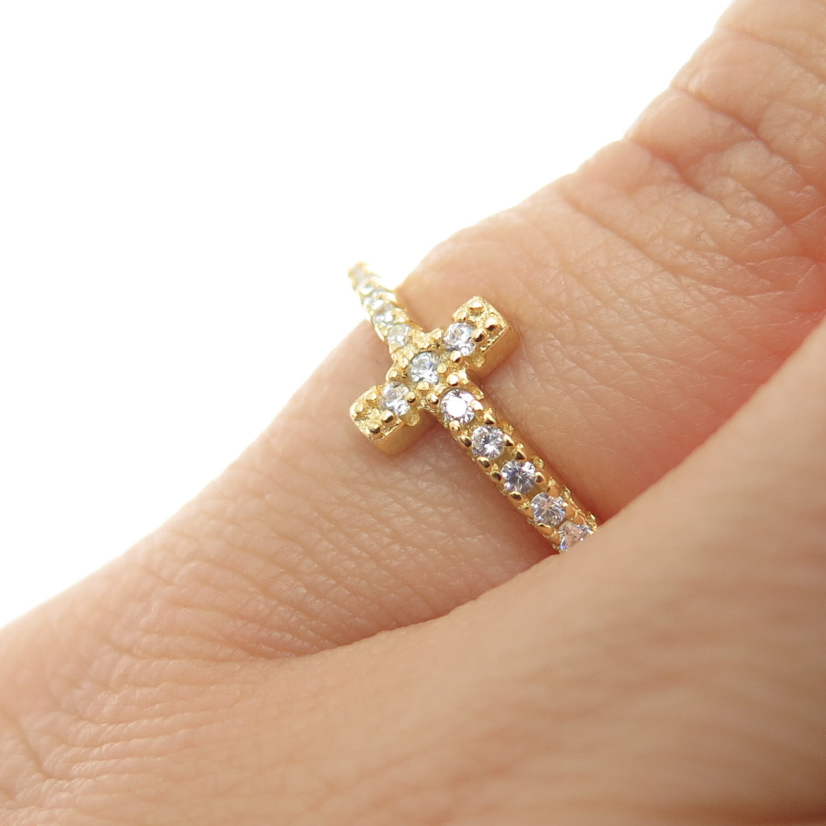 925 Sterling Silver Gold Plated Round-Cut C Z Cross Ring Size 4.75