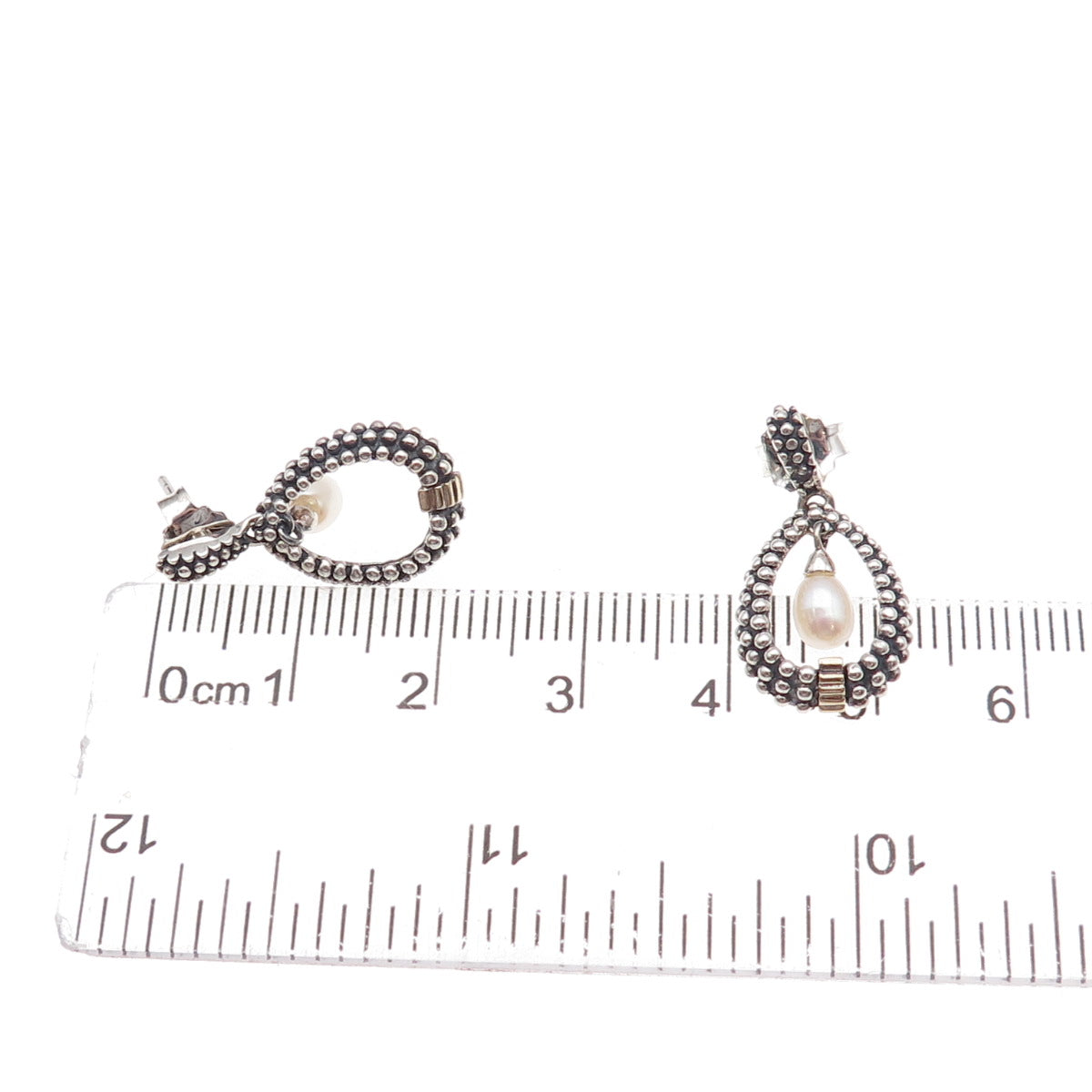 925 Sterling Silver 14K Gold Vintage Real Pearl Dotted Teardrop Dangle Earrings