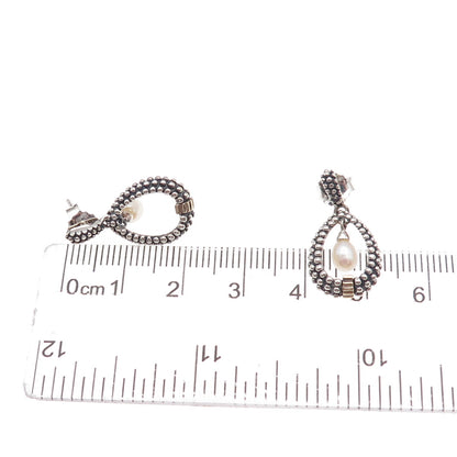 925 Sterling Silver 14K Gold Vintage Real Pearl Dotted Teardrop Dangle Earrings