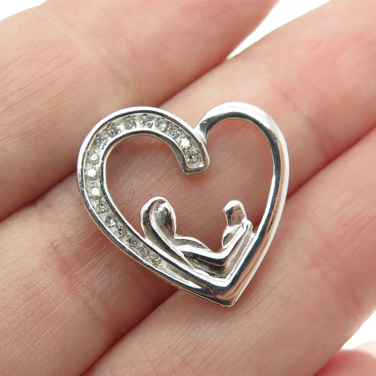 925 Sterling Silver Real Round-Cut Diamond Mom & Child Heart Slide Pendant