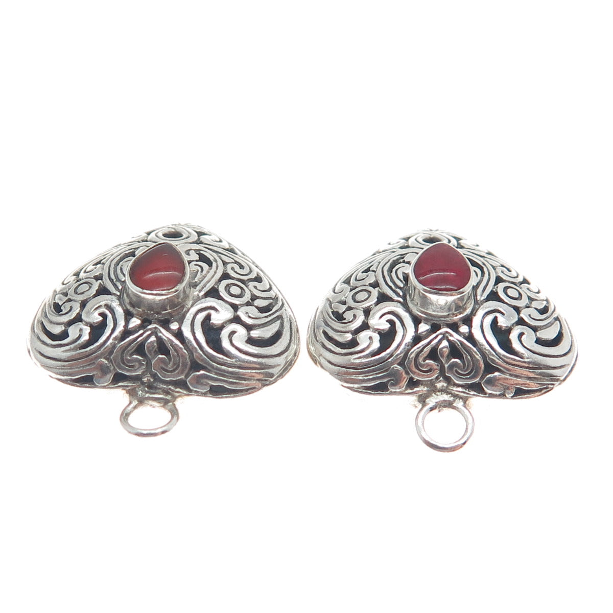 MILO 925 Sterling Silver Vintage Real Carnelian Gem Floral Heart Jacket Earrings