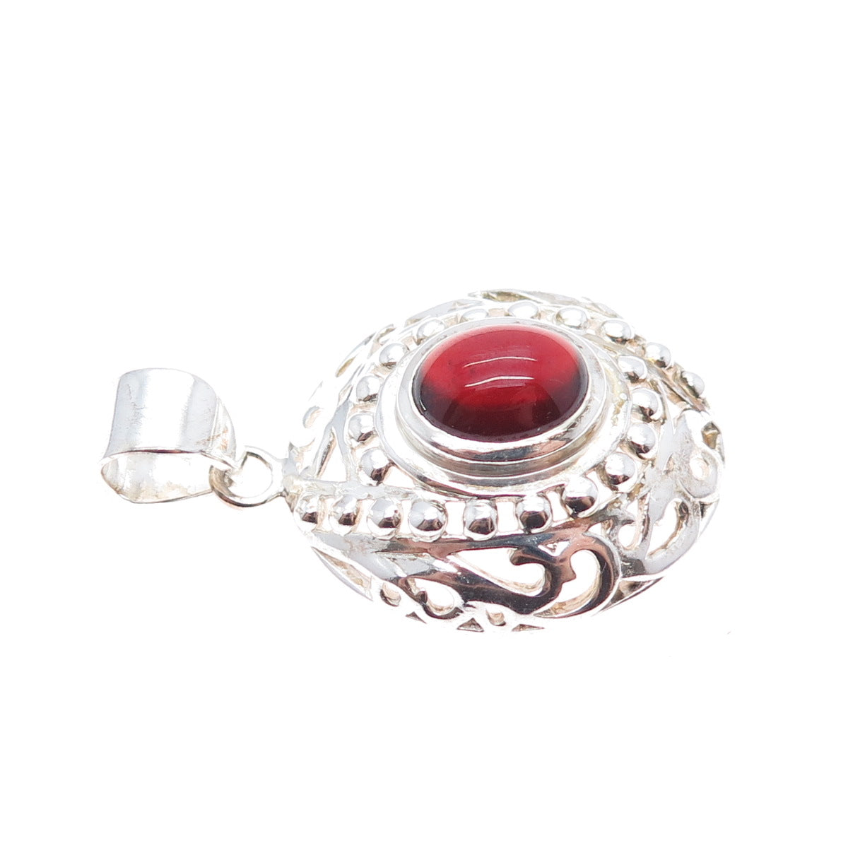 925 Sterling Silver Vintage Real Oval-Cut Red Garnet Beaded Charm Pendant