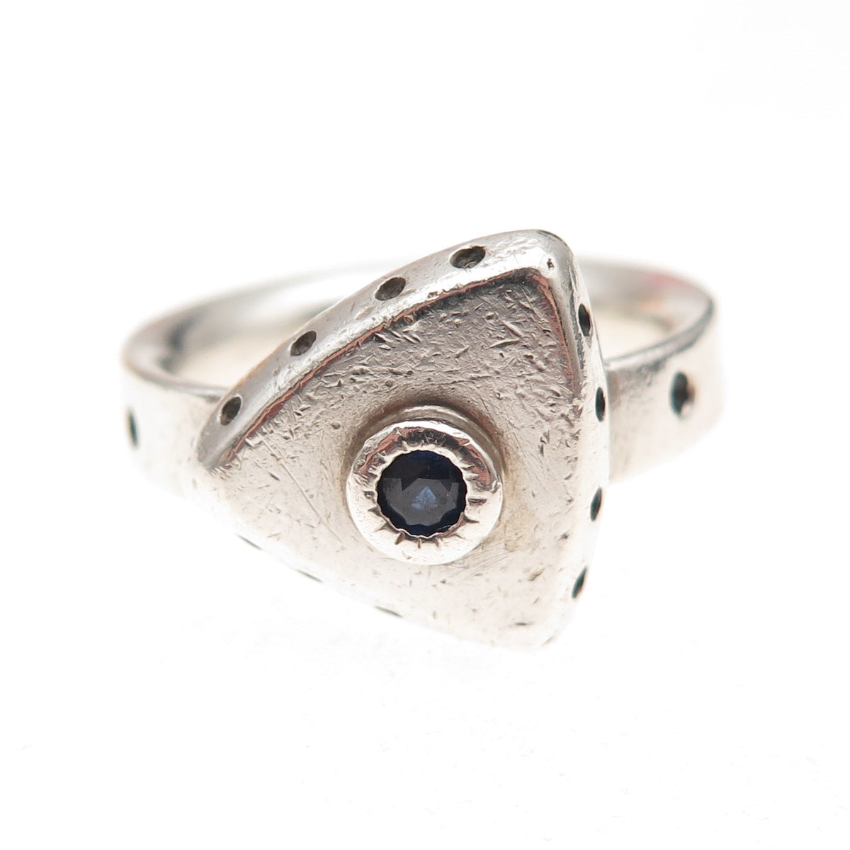 925 Sterling Silver Vintage Real Sapphire Modernist Oxidized Ring Size 8.75