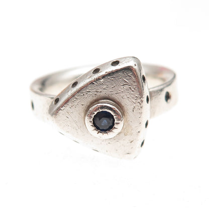 925 Sterling Silver Vintage Real Sapphire Modernist Oxidized Ring Size 8.75