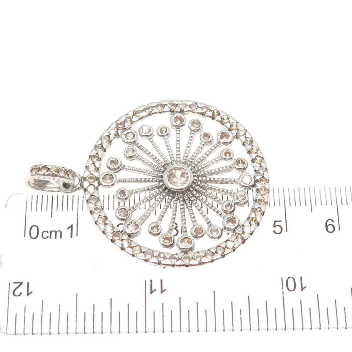 925 Sterling Silver Round-Cut Champagne C Z Flower Circle Pendant
