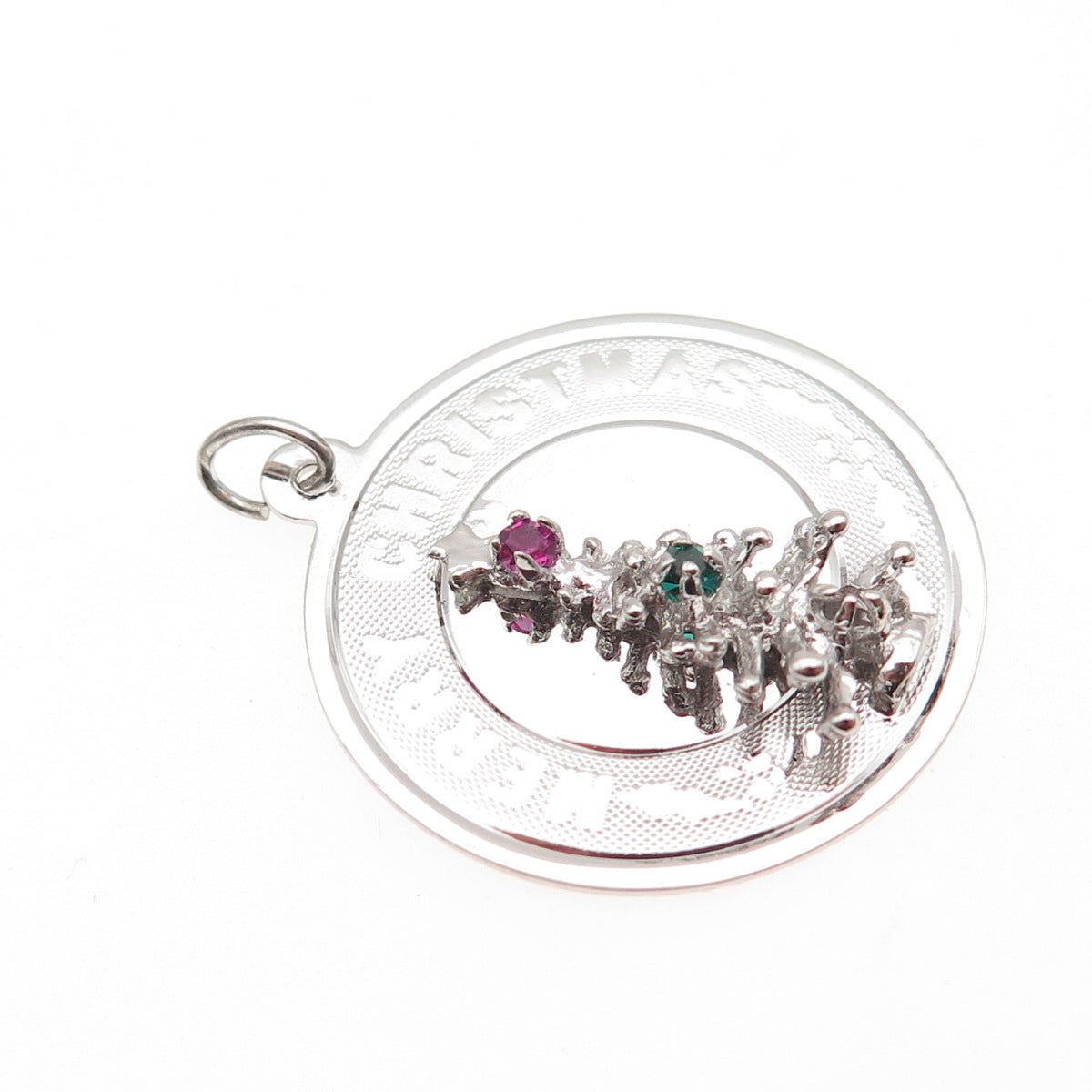 925 Sterling Silver Vintage Rhinestone Merry Christmas Tree Charm Pendant