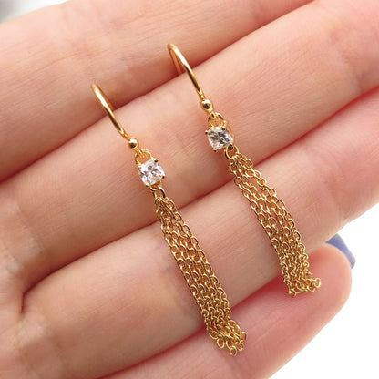925 Sterling Silver Gold Plated Princess-Cut C Z Tassel Dangle Earrings