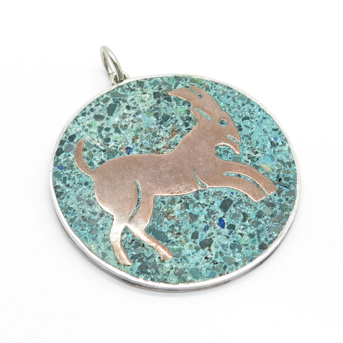 925 Sterling Silver Vintage Mexico LB Real Azurite Gem Round Goat Pendant