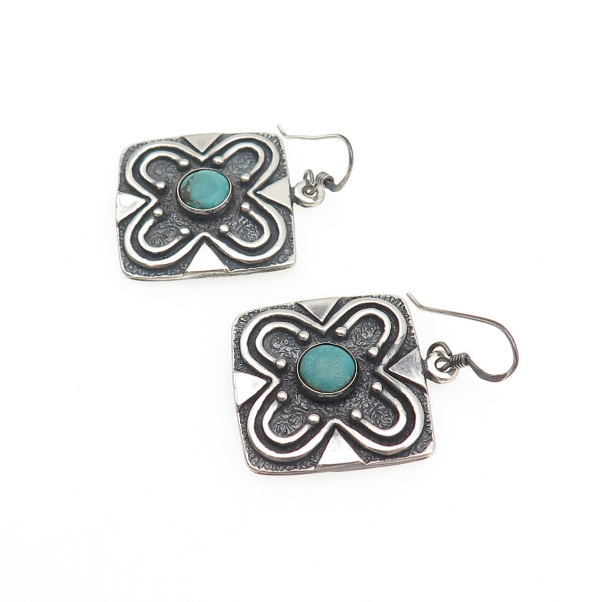 MC Silver Designs 925 Sterling Vintage Real Turquoise Floral Oxidized Earrings