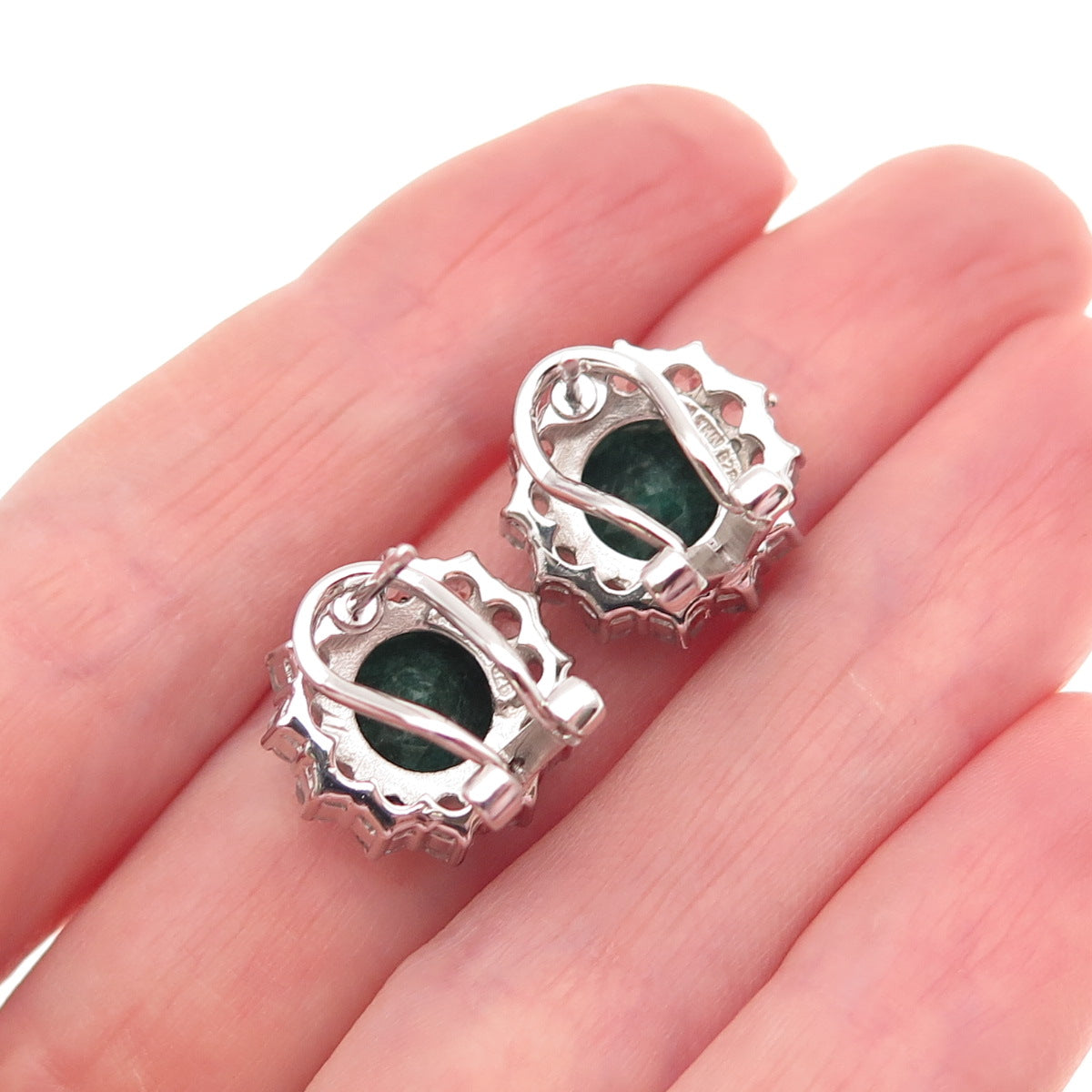 925 Sterling Silver Vintage Real Emerald & White Topaz Omega Back Earrings