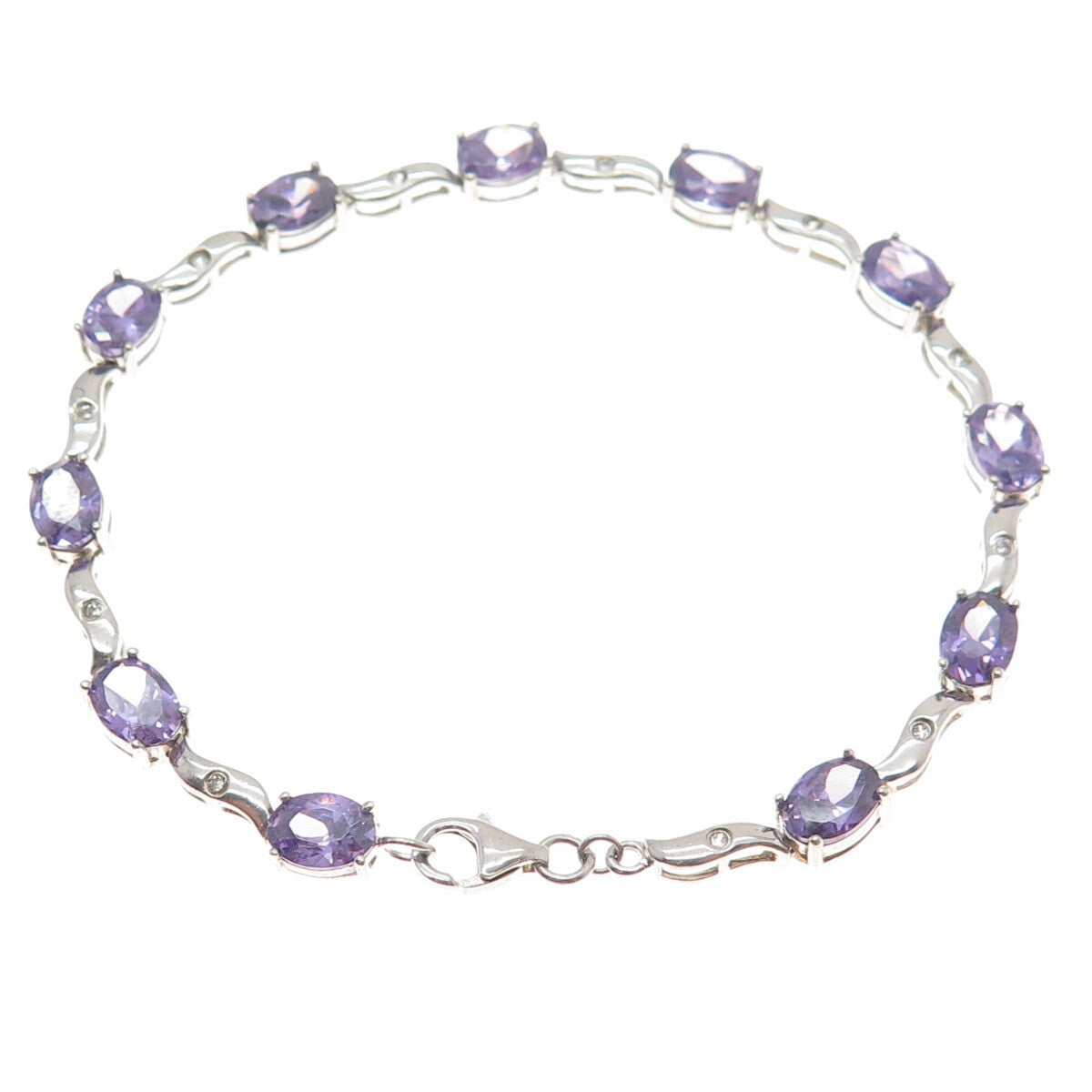 925 Sterling Silver Vintage Real Oval-Cut Amethyst & C Z Wavy Link Bracelet 7"