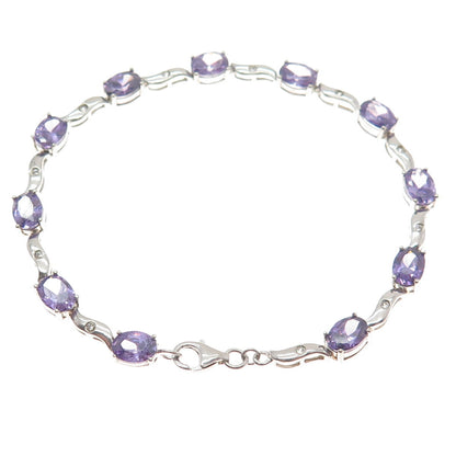 925 Sterling Silver Vintage Real Oval-Cut Amethyst & C Z Wavy Link Bracelet 7"