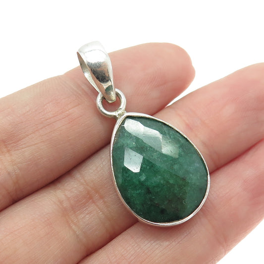 925 Sterling Silver Vintage Real Pear-Cut Emerald Teardrop Pendant