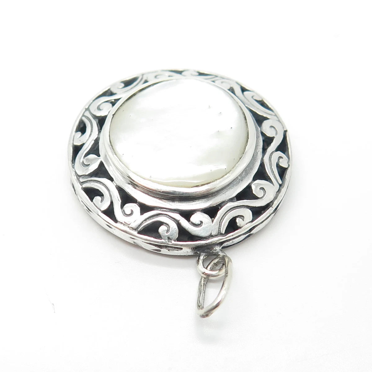 925 Sterling Silver Vintage Real Mother-of-Pearl Ornate Pendant