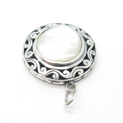 925 Sterling Silver Vintage Real Mother-of-Pearl Ornate Pendant