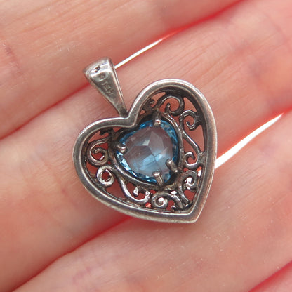 925 Sterling Silver Vintage London Blue Topaz Heart Oxidized Minimalist Pendant