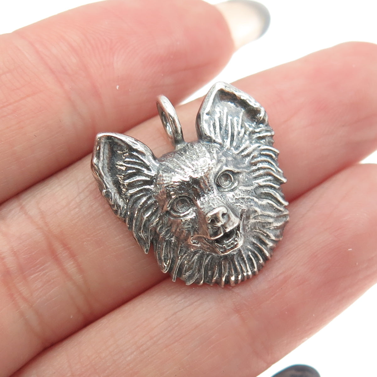 925 Sterling Silver Vintage Pomeranian Dog Oxidized Charm Pendant