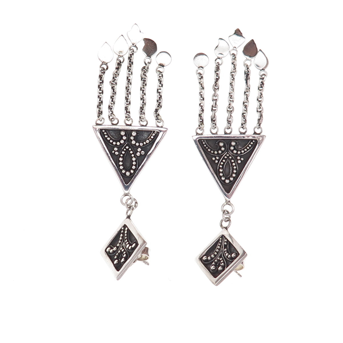 Suarti Bali Sterling Silver Vintage Granulated Scroll Oxidized Dangle Earrings