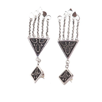 Suarti Bali Sterling Silver Vintage Granulated Scroll Oxidized Dangle Earrings