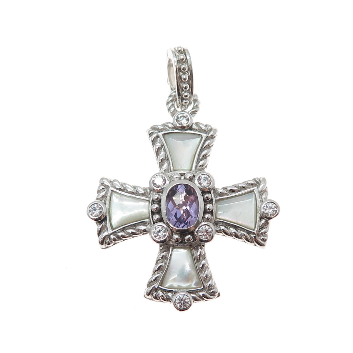 JUDITH RIPKA 925 Sterling Silver Real Amethyst MOP & C Z Cross Charm Pendant
