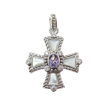 JUDITH RIPKA 925 Sterling Silver Real Amethyst MOP & C Z Cross Charm Pendant