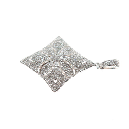 925 Sterling Silver Real Round-Cut Diamond Flower Charm Pendant