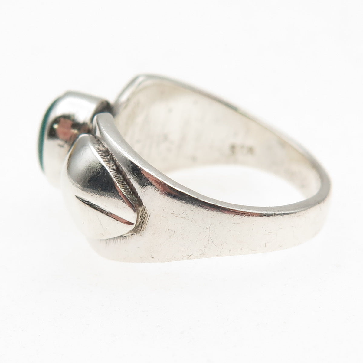 925 Sterling Silver Vintage Real Green Onyx Modernist Oxidized Ring Size 7.75