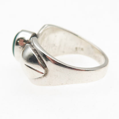 925 Sterling Silver Vintage Real Green Onyx Modernist Oxidized Ring Size 7.75