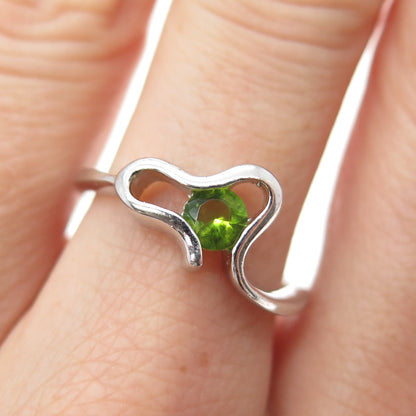 925 Sterling Silver Real Round-Cut Peridot Modernist Heart Ring Size 7