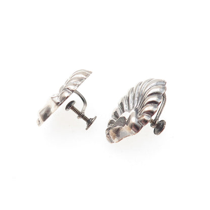 925 Sterling Silver Antique Art Deco Seashell Oxidized Screw Back Earrings