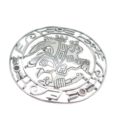 925 Sterling Silver Vintage Bird Symbol Aztec Warrior Oxidized Pin Brooch