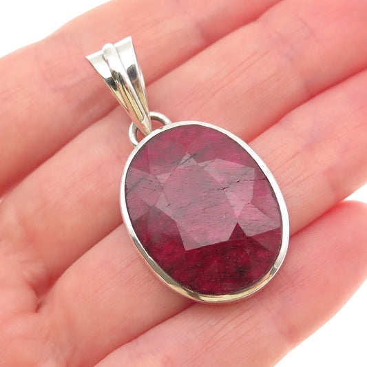 925 Sterling Silver Vintage Real Oval-Cut Ruby Charm Pendant