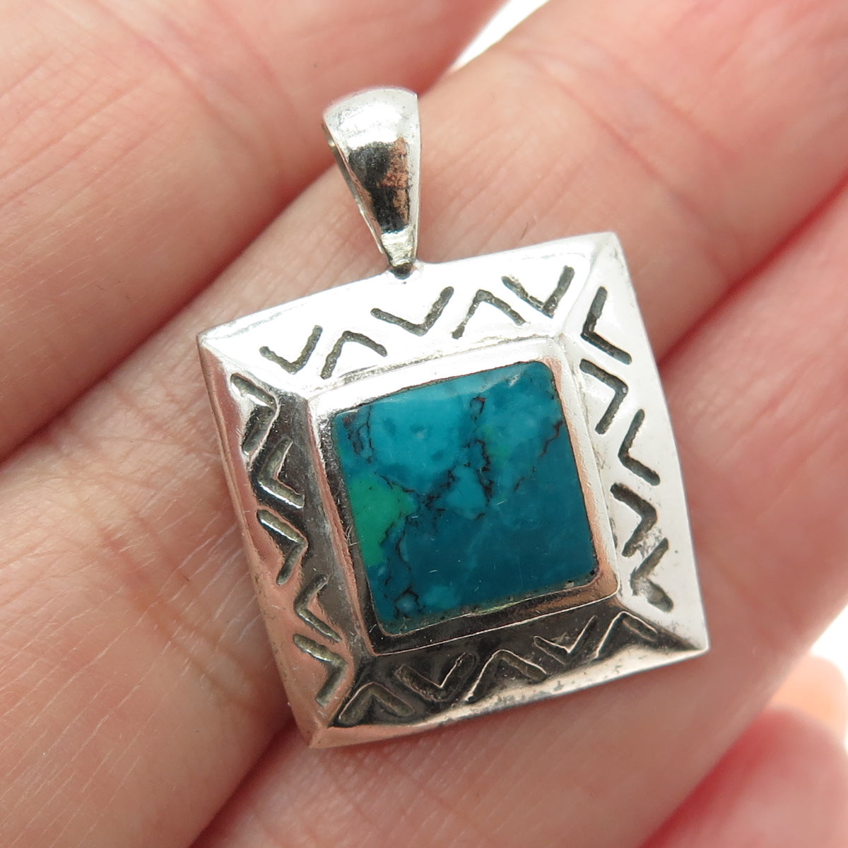 925 Sterling Silver Vintage Real Kingman Turquoise Tribal Pendant