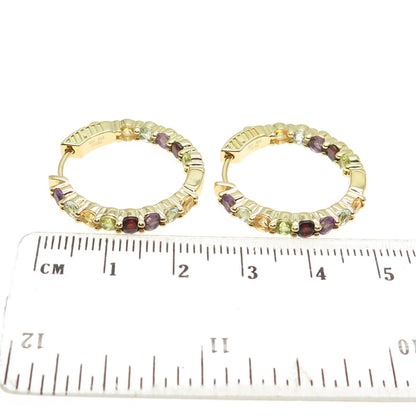 HAN 925 Sterling Silver Gold Plated Real Multi-Color Gem In & Out Hoop Earrings