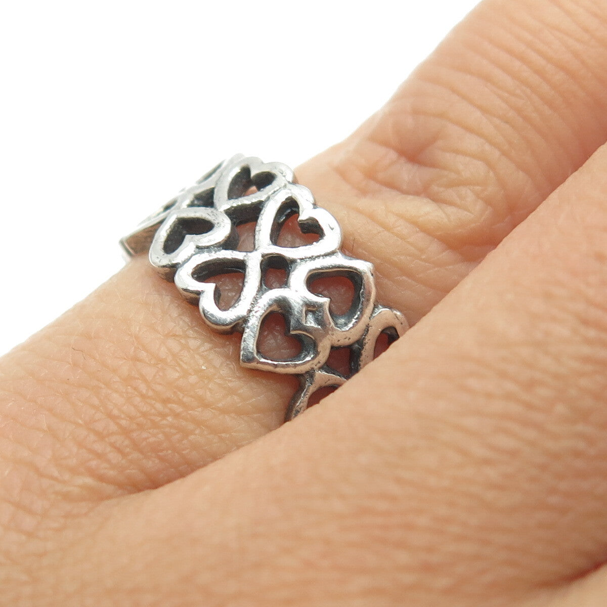 925 Sterling Silver Vintage Heart 2-Row Band Ring Size 6.25