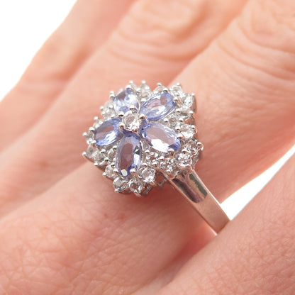 Savoy 925 Sterling Silver Real Tanzanite & White Topaz Floral Ring Size 11.25