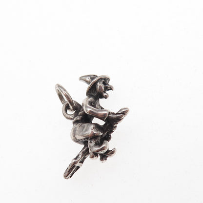 925 Sterling Silver Vintage Witch On Broomstick Oxidized 3D Charm Pendant